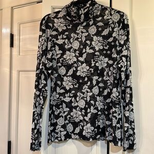 WHBM black grey floral sleeve turtleneck top size Large